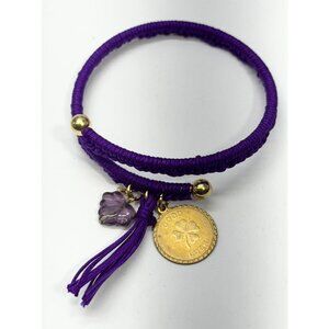 Vintage purple good luck clover glass leaf charm tassel bracelet bangle